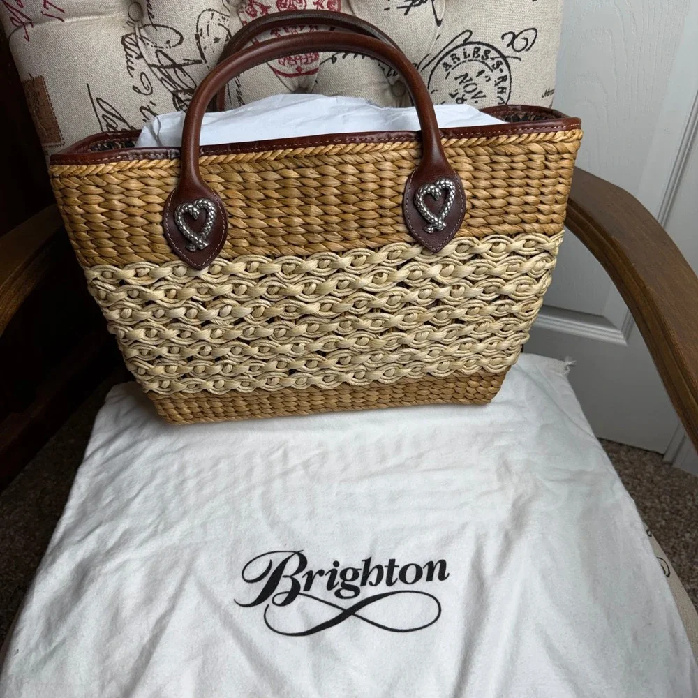 Brighton Straw Tote Bag Woven Heart Leather Trim Leopard Lining Brown Cream
